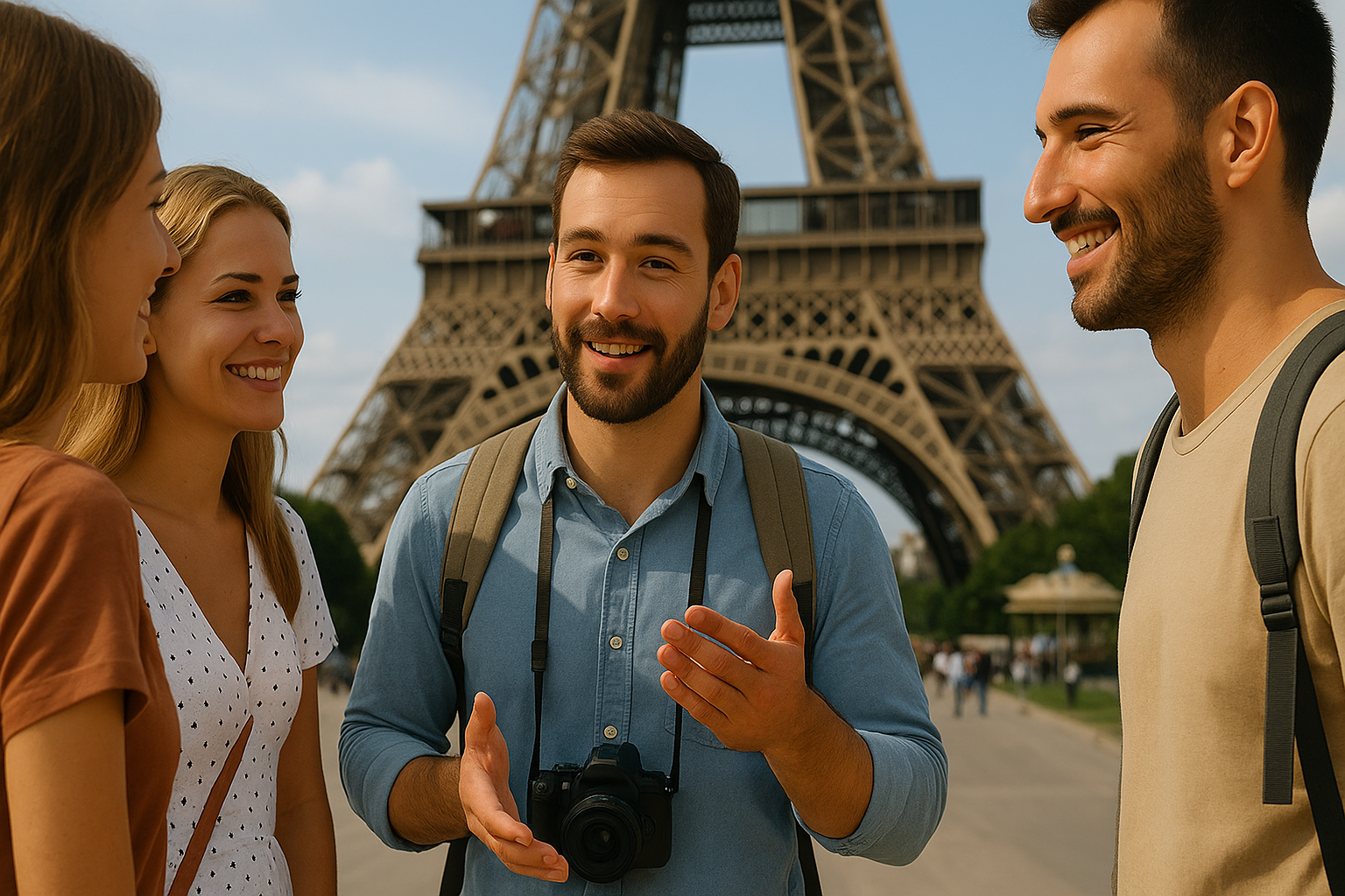 Tour guide with tourists in front of the Eiffel Tower